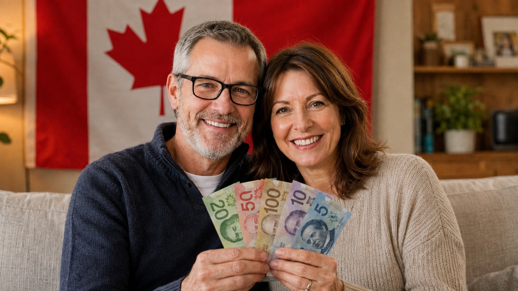 Couple holding Canadian banknotes in front of a Canadian flag
